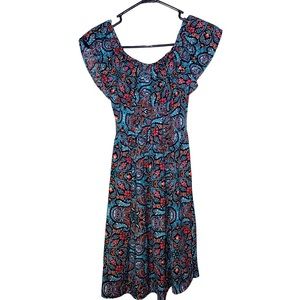 Women’s Blue Paisley Patterned Dress With Ruffled Bohemian Sleeve. Size Medium.